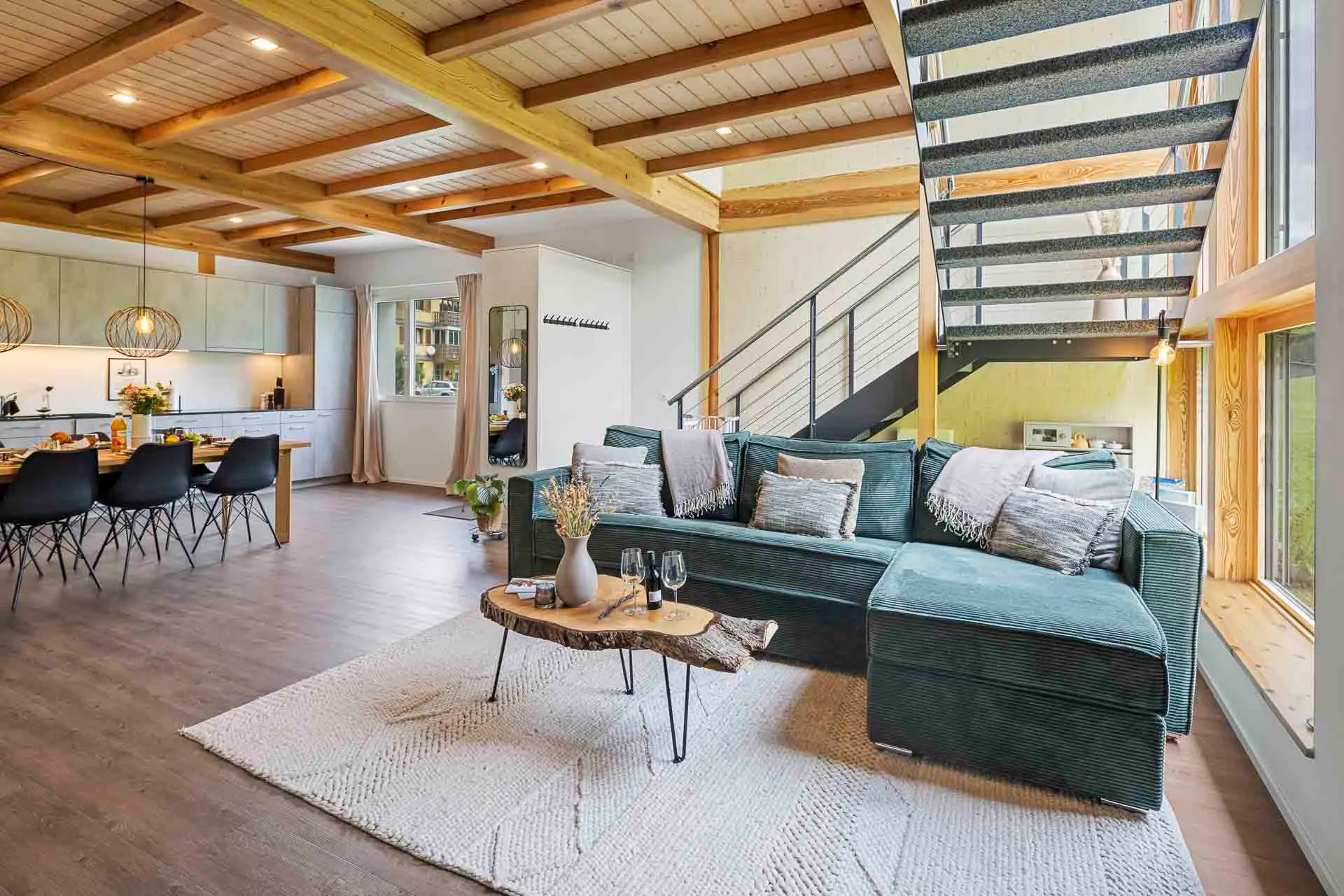Open living and dining area across the full length