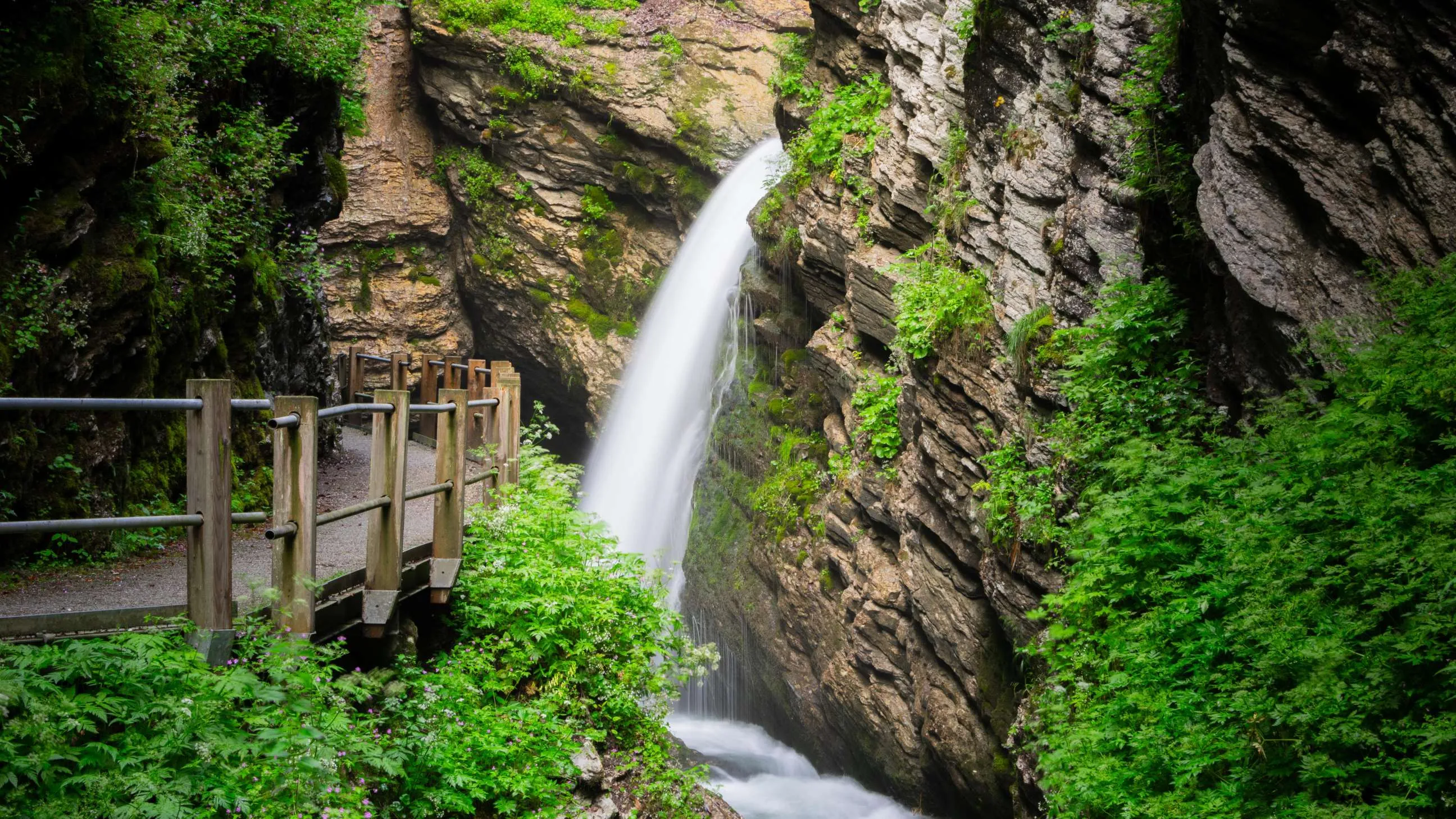 Die Thurwasserfälle bei Unterwasser stürzen über die Felsen, ein Holzsteg führt an der Schlucht vorbei